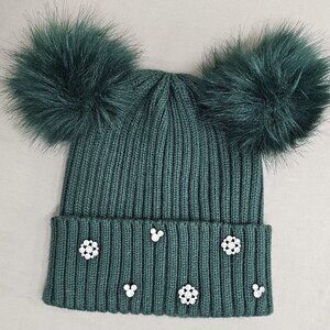 Disney Parks Adult Beanie Green Ribbed Knit Dual Pom Mickey Rhinestone Hat